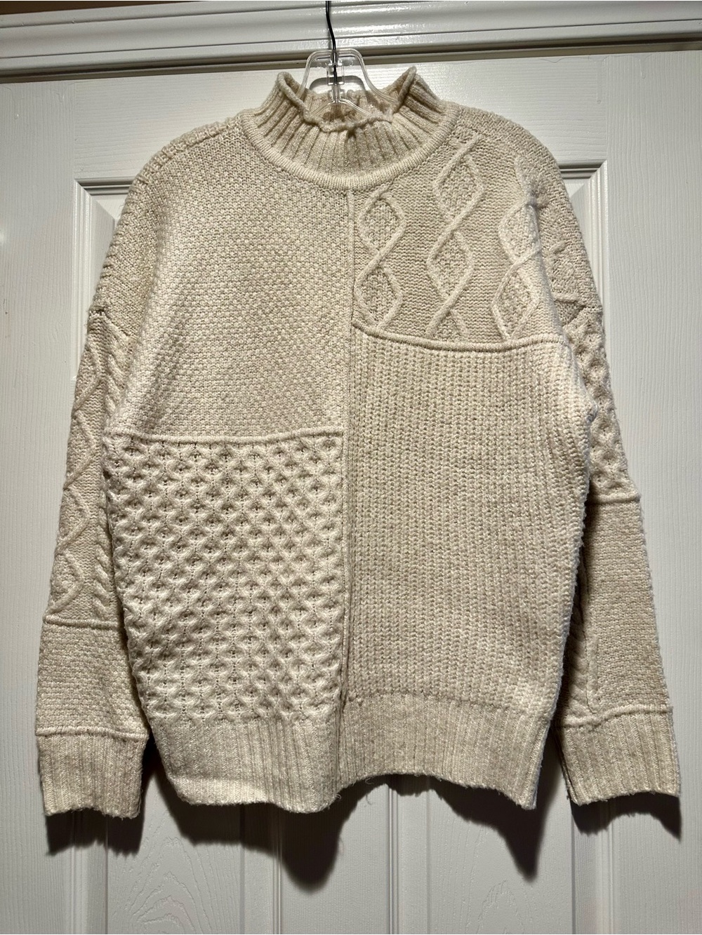 American Eagle Outfitters Women’s Cream Patchwork Cable Turtleneck Sweater
